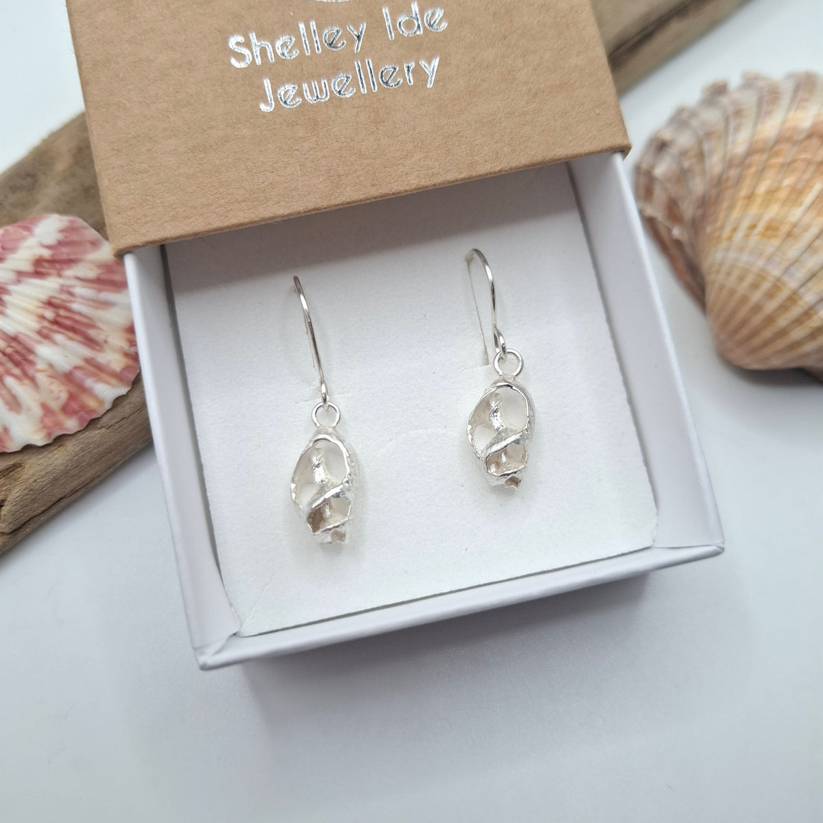 A pair of silver shell drop earrings displayed in an open white jewelry box with a brown lid printed with the brand name 'Shelley Ide Jewellery'. The box is styled with seashells on a light surface.