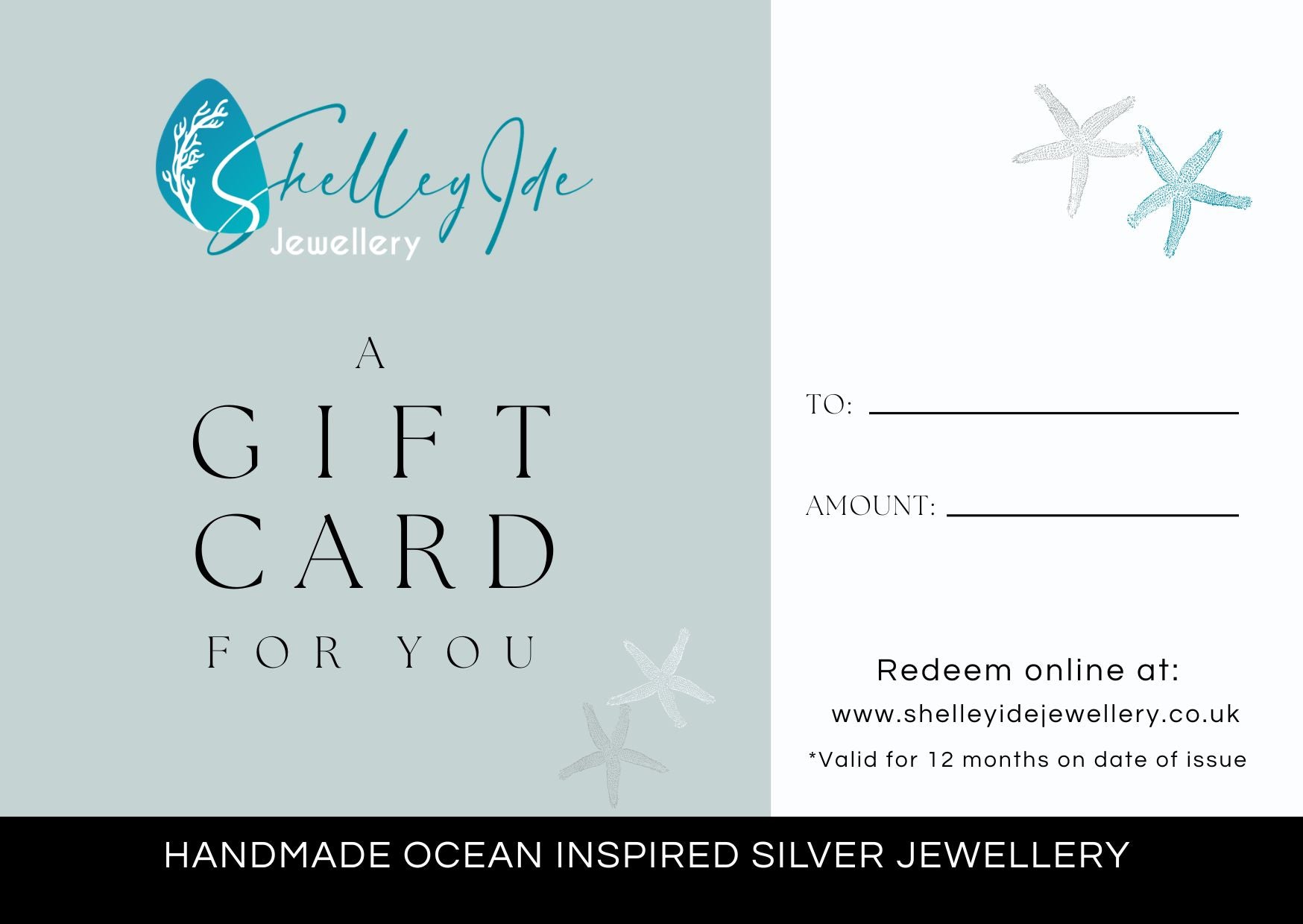 Green printable gift card for Shelley Ide Jewellery, featuring elegant minimal design for jewelry gift giving.