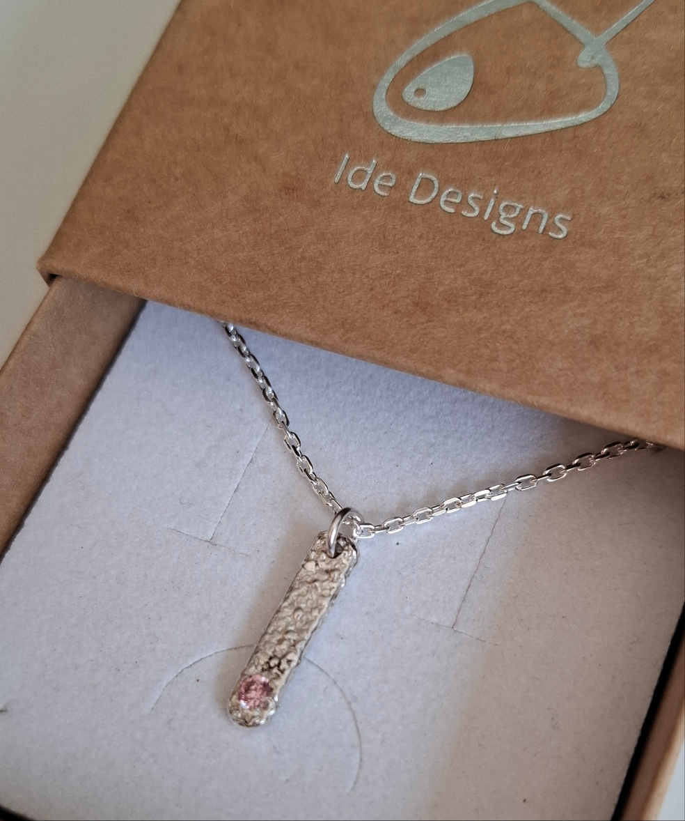 Small silver seabed handmade sterling silver textured pendant with pink cubic zirconia | Ocean-Inspired Handmade Jewellery - Shelley Ide Jewellery