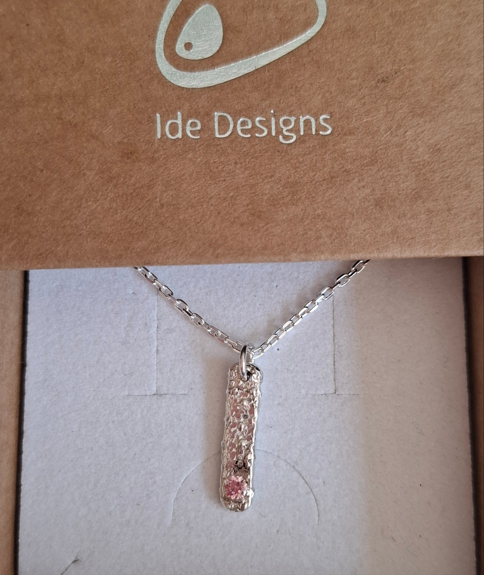 Small silver seabed handmade sterling silver textured pendant with pink cubic zirconia | Ocean-Inspired Handmade Jewellery - Shelley Ide Jewellery