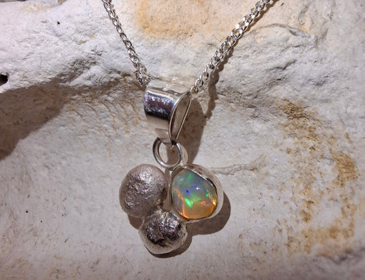 Handmade textured silver rocks and opal necklace