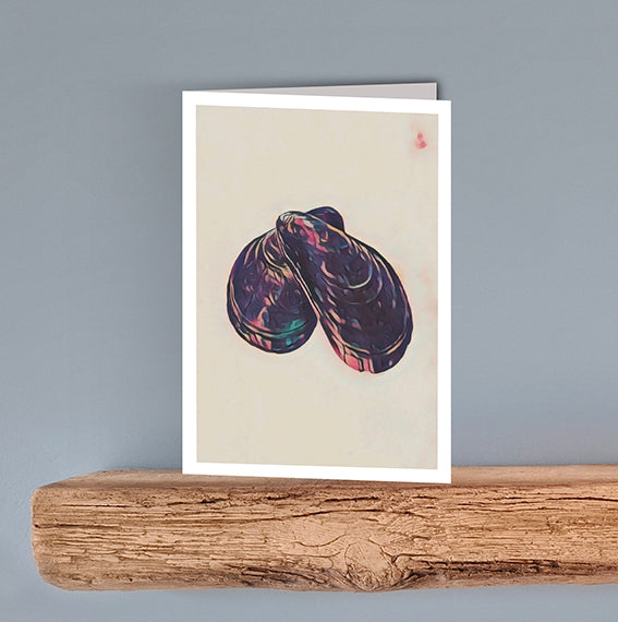 A vintage style print on a blank greeting card of two colourful mussel shells on a cream background.