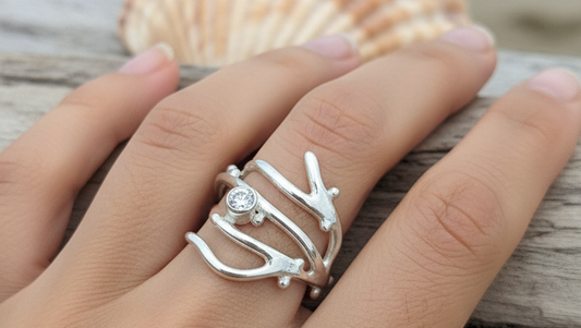 Adjustable seaweed inspired silver ring with cubic zirconia