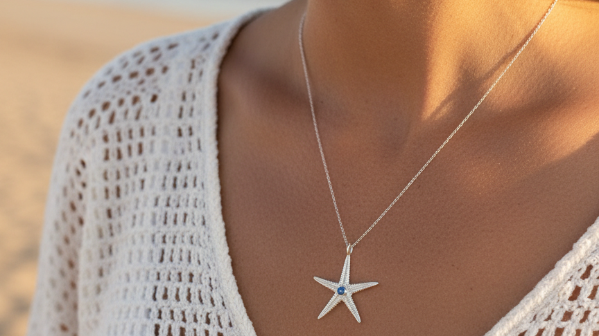 Large Silver Starfish Pendant with Cubic Zirconia | Handmade Ocean Necklace
