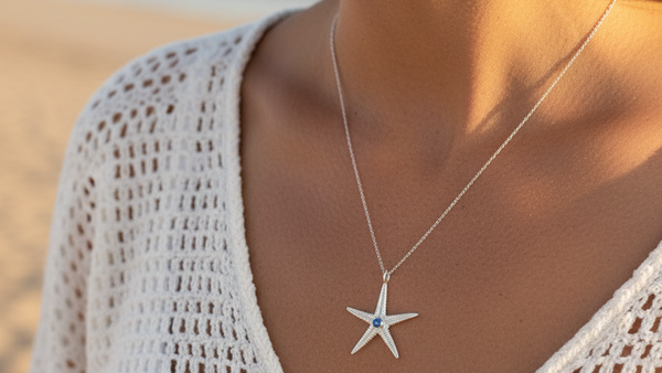 Large Silver Starfish Pendant with Cubic Zirconia | Handmade Ocean Necklace