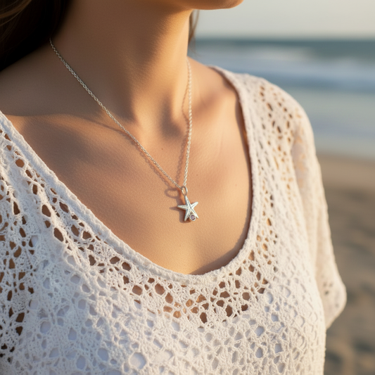 Silver starfish pendant with birthstone sparkle