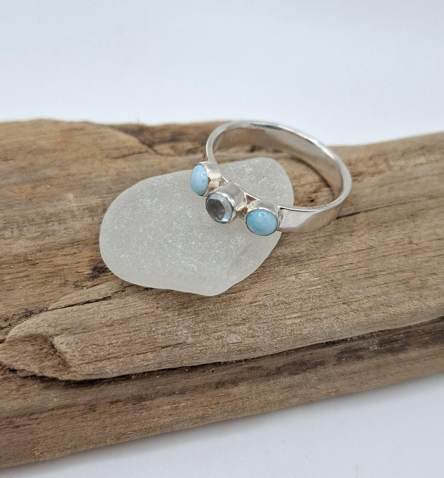 Sterling silver ring with rosecut aquamarine and larimars | Ocean-Inspired Handmade Jewellery