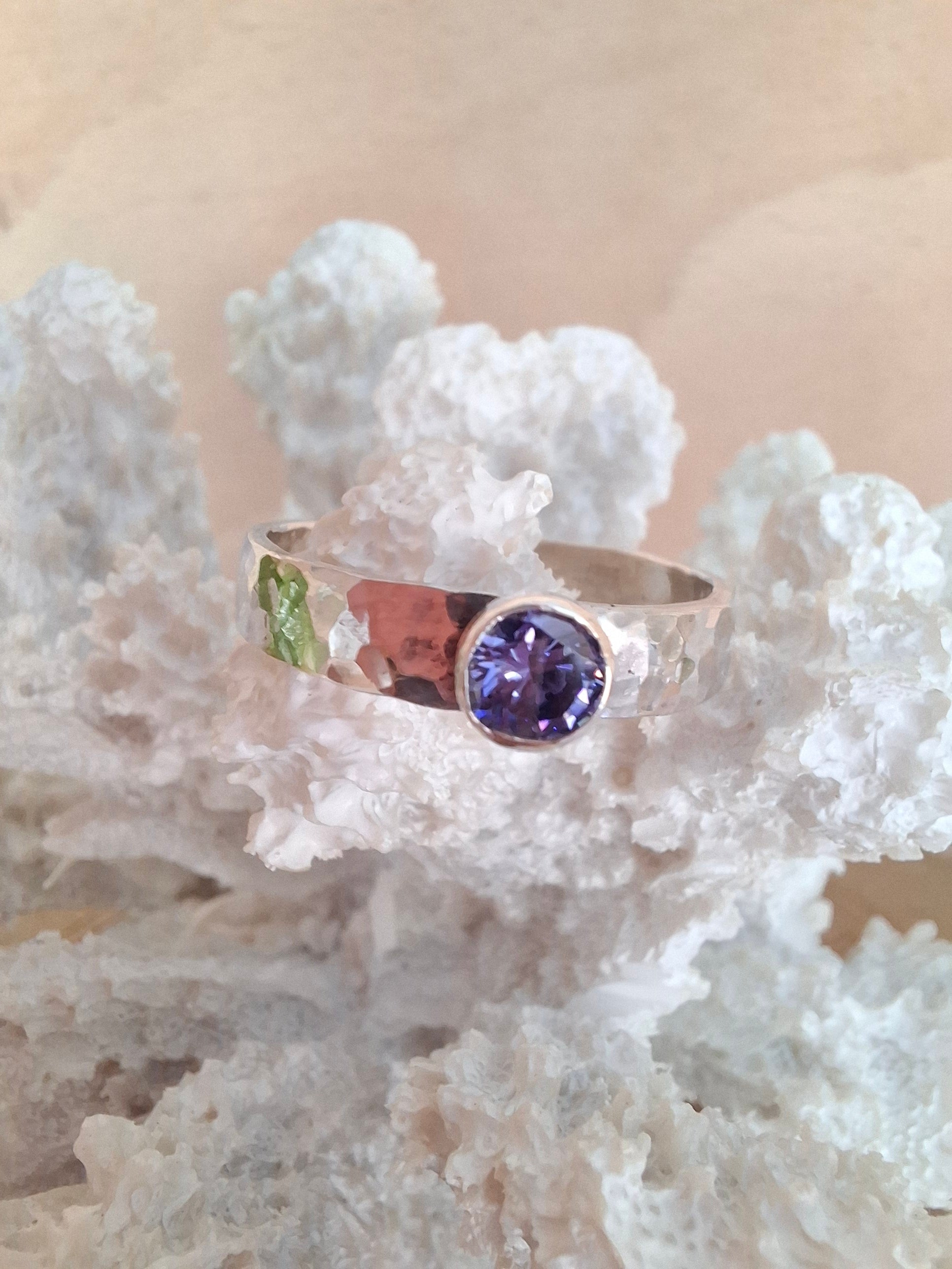 Handmade hammered silver & tanzanite cubic zirconia ring