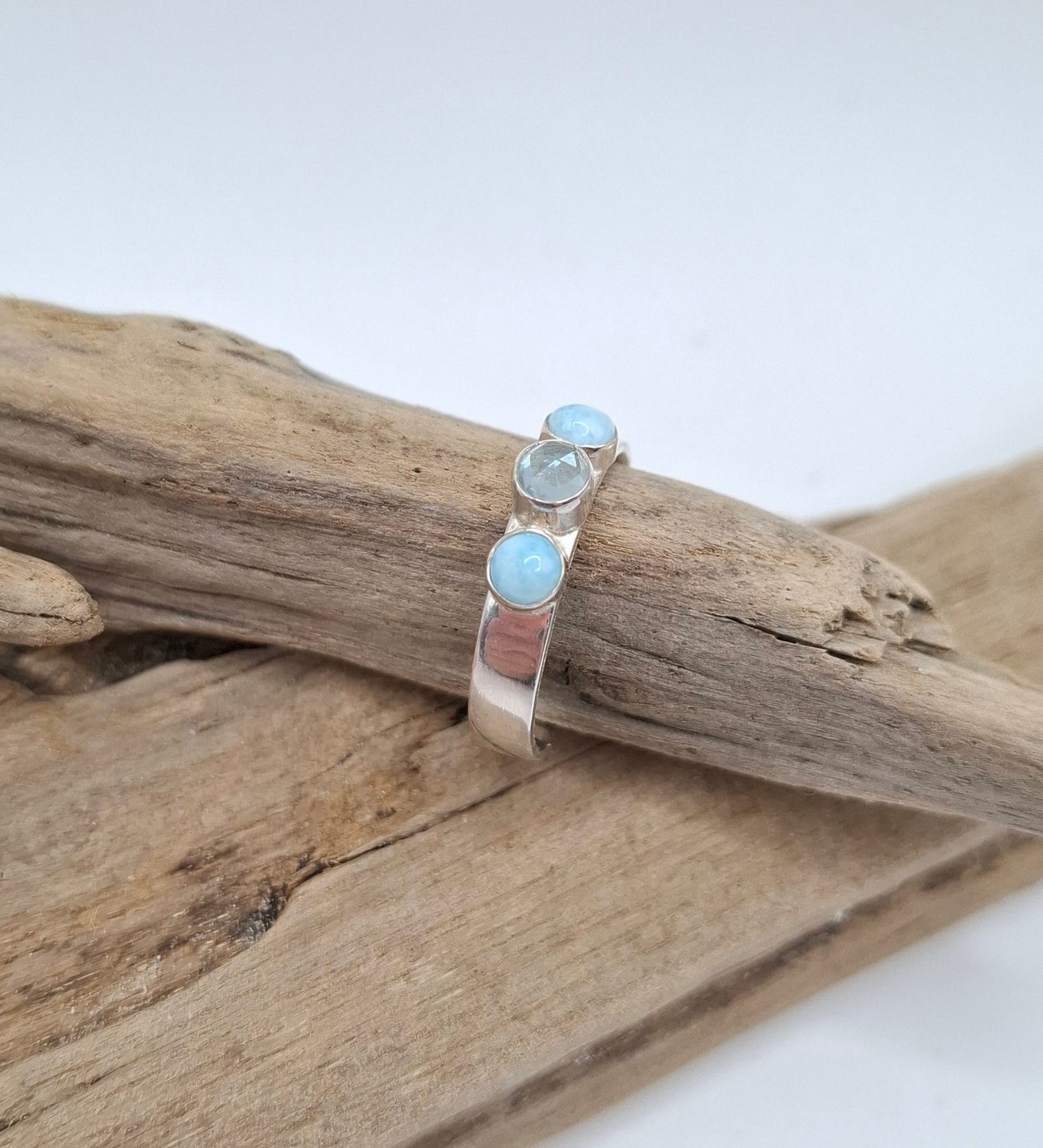 Sterling silver ring with rosecut aquamarine and larimars | Ocean-Inspired Handmade Jewellery