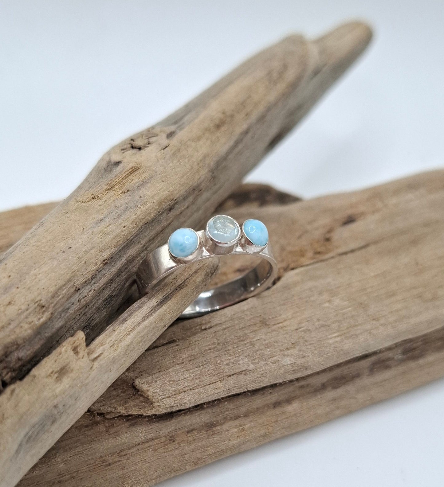Sterling silver ring with rosecut aquamarine and larimars | Ocean-Inspired Handmade Jewellery