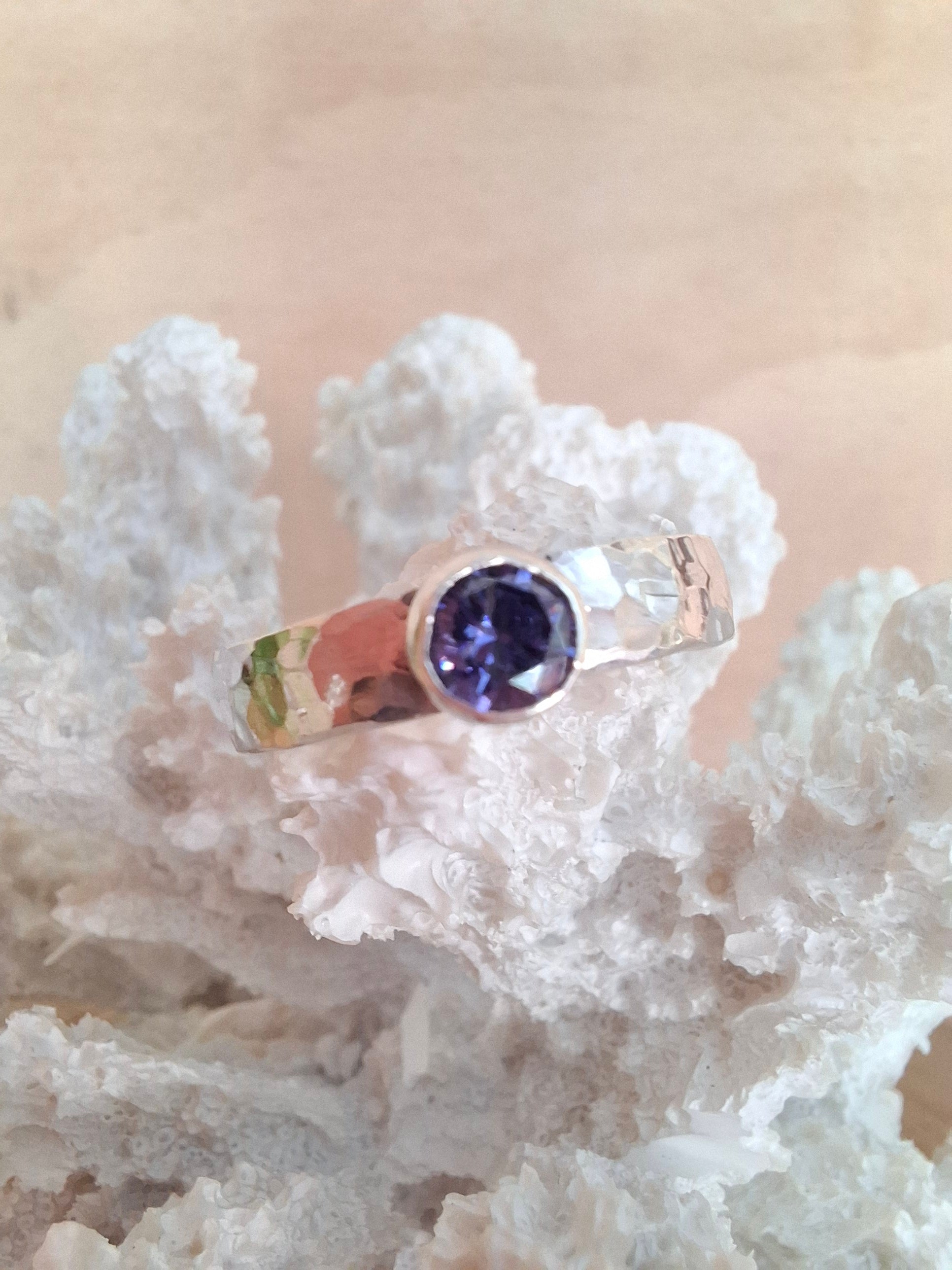 Handmade hammered silver & tanzanite cubic zirconia ring