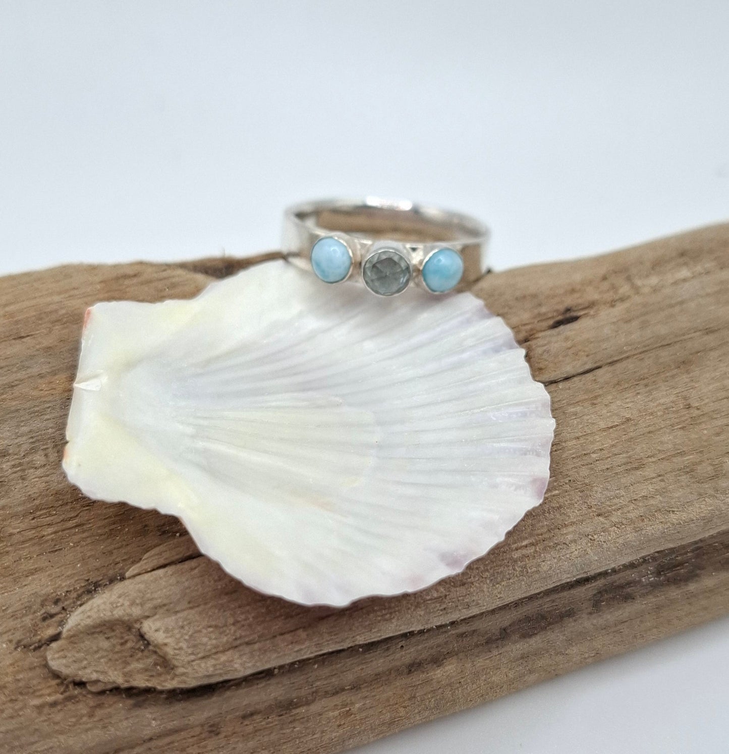 Sterling silver ring with rosecut aquamarine and larimars | Ocean-Inspired Handmade Jewellery