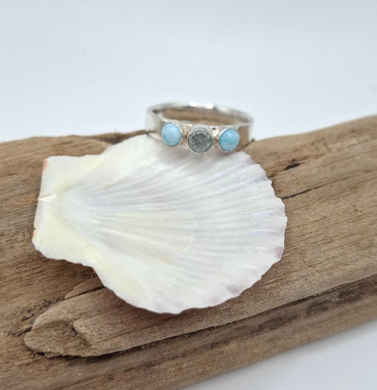 Sterling silver ring with rosecut aquamarine and larimars | Ocean-Inspired Handmade Jewellery